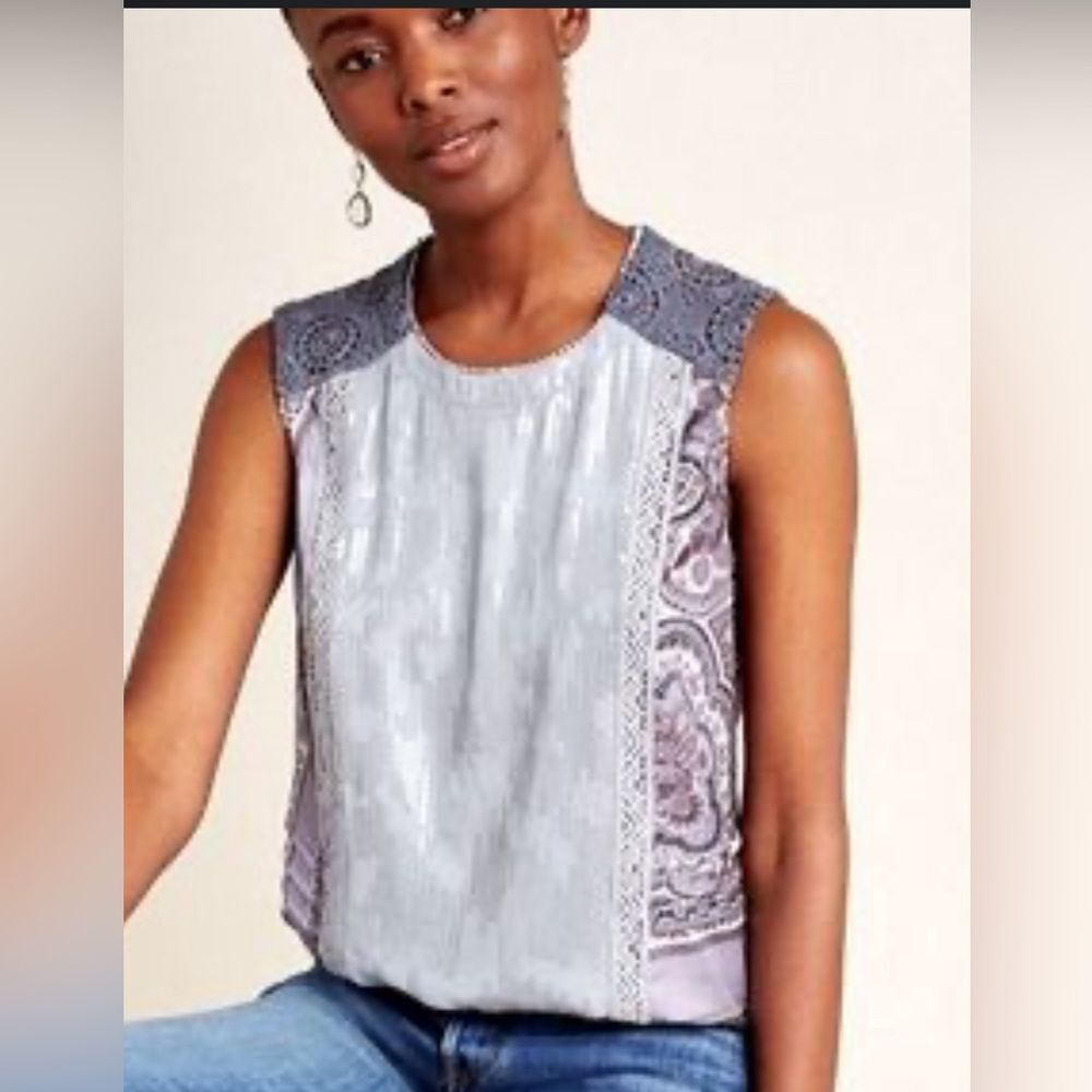Tiny | Anthropologie Grey & Purple Sequins & Lace Tie Hem Top Size Small EUC